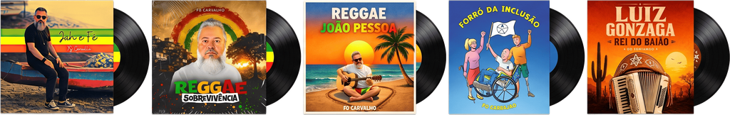 Capas de músicas âncoras de PS CARVALHO: Jah e Fé, Reggae Sobrevivência, Reggae João Pessoa, Forro da Inclusão e Luiz Gonzaga, Rei do Baião.