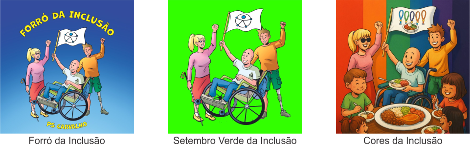 Imagens das 3 capas da trilogia da inclusão. Música do Projeto Tesouro da Inclusão